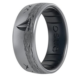 Enso Rings Dual Tone Summer Etched Silicone Ring - Ultra Comfortable, Breathable, and Safe - 7.9mm Wide, 2.18mm Thick - Seafarer - Silver/Black Pearl - Size 11