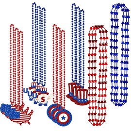 JIEFULL 18 Pcs 4th of July Patriotic Necklaces with Beads, Red White Blue Beaded Necklaces July 4 Party Favors Independence Day Decorations Patriotic Accessories for Parade Supplies