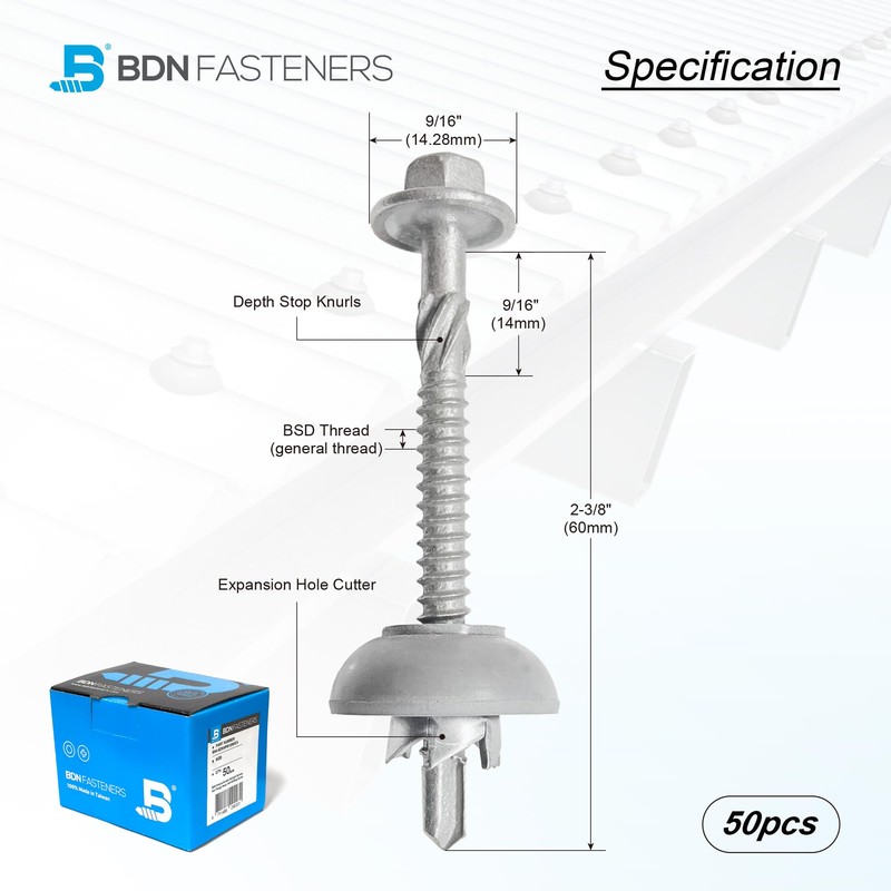 BDN FASTENERS Polycarbonate Skylight Screws #12×2-3/8"(12-14x60mm), Hex Flange Head, Self-Drilling