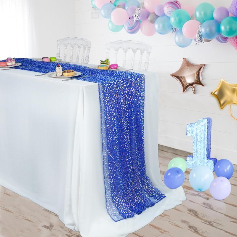 Juya Delight Blue Table Runner 25"x120" Glitter Sequin Iridescent Table