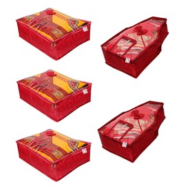 atorakushon Fabric Satin Saree and Blouse Covers Garments Clothes Storage Bag Wardrobe Organizers With Double Zip Lock & Transparent Window Set of 5 Maroon