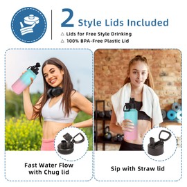 Volhoply 1 Litre Insulated Water Bottle with Straw Lid & Spout Lid,Stainless Steel Sports Water Bottle,Double Wall Vacuum Thermos,Leak Proof Wide Mouth Metal Flask,Keeps Cold or Hot(Green Pink,1)