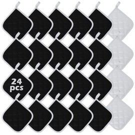 24 Pcs Pot Holders Bulk for Kitchen Heat Resistant, 7X 7 Inch Cotton Potholders with Hanging Loops Square Hot Pads Oven Pot Holder Trivet for Cooking Baking（Black