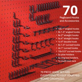 Extra Thick Black 1/4'' Pegboard Hooks for Hanging Tools, Set of 70 Pieces 1/4'' Black Peg Board Accessories Peg Hooks, Peg Board Attachments for Tools Organization
