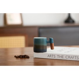 Dicmracy 2.5oz Ceramic Espresso Cups set of 2 or 4, Espresso Cups with Wooden Handle, Demitasse Cups for Coffee or Tea (blue black2, small)