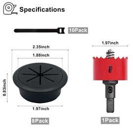 8 Pack Desk Grommet 2 Inch (50 mm), Desk Hole Cover for Cables, Black Desk Cord Hole Cover for Office Home Table, Cable Grommet with 1 Hole Saw Drill Attachment & 10 Cable Ties