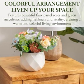 MyGift - Arreglo de Rosas Artificiales Florales Pastel con Plantas suculentas Verdes en Maceta de cerámica geométrica Blanca, Plantas Artificiales Decorativas hogar, Bodas y Centros de Mesa