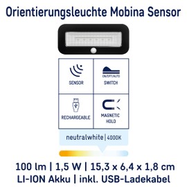 Müller-Licht Mobina Sensor 15 LED Batterieleuchte Orientierunglicht Nachtlicht, 15cm Länge, neutralweiß 4000K, 1.5W, wiederaufladbar per USB, selbstklebend, schwarz