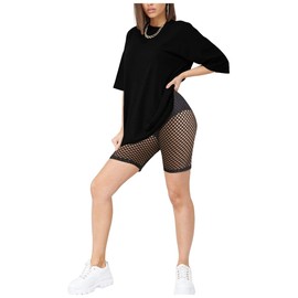Janisramone Women's Long Sleeve Fishnet Cycling Shorts Summer Sports Loungewear 2 Piece Set - Black , size: 34-36