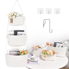 Hanging Storage Baskets, 3-Tier Over the Door Basket, Cotton Wall Basket Storage, Detachable Hanging Door Basket with 4 Hooks, Over the Door Organizer Nursery for Bedroom, Living Room, Bathroom Wall