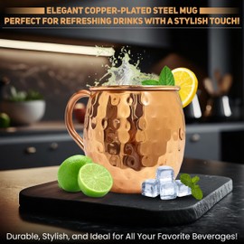 Bacana Copper Moscow Mule Mugs Set of 2 | 16 oz Large Food-Safe Cups | Premium Copper Plated with Stainless Steel Moscow Mule Cups with Easy-to-Hold Handles | Perfect for Cocktails, Parties & Gift Set