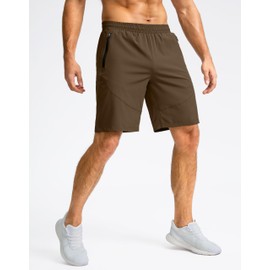 Pudolla - Pantalones cortos de entrenamiento para hombre, de 9 pulgadas, ligeros, atléticos, para correr, ejercicio, casual, con bolsillos con cierre, Marrón, X-Large