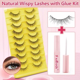 FADLASH Wispy Lashes Natural False Eyelashes 𝟏𝟎 𝐏𝐚𝐢𝐫𝐬 Cat Eye Lashes with Lash Bond Wispy Lashes Extension Kit Soft Fluffy Fake Lashes Strip Lashes (BY004)