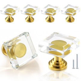 POZEAN Crystal Glass Cabinet Drawer Knobs, 6 Pack Glass Crystal Gold Dresser Knobs, 1-1/4 Inch Square Pulls Handles with Screws for Modern Kitchen Cupboard Bedroom and Bathroom