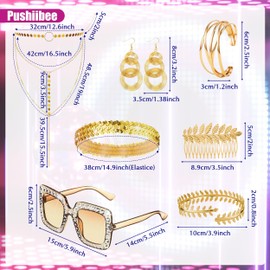 7Pcs Gold Disco Accessories, Retro 70s Disco Party Outfit Jewelry Set, Disco Costume Accessories Glitter Earrings Necklace Bracelet Hair Comb Rhinestone Frame Sunglasses for Women