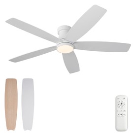 okdeng 52 inch Ceiling Fans with Lights and Remote,Flush Mount White Ceiling Fan,Memory Fuction Reversible Quiet DC Motor Low Profile Ceiling Fans For Living Room Bedroom Outdoor(White&Natural Wood)