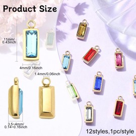 KitBeads 12Pcs Rectangle Cubic Zirconia Charms 12 Colors Faceted Birthstone Charms Stainless Steel CZ Charms for Jewelry Making Bracelets Necklaces Crafts Bulk, Stainless Steel Cubic Zirconia, No