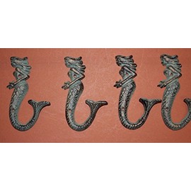 Vintage-Look Mermaid Towel Hooks, Bronze-Look Solid Cast Iron, 5 1/2" - Bundle 4 Items