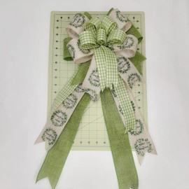 Handmade Christmas Bow, Green Gingham Check, Beige Linen with Merry Christmas Print