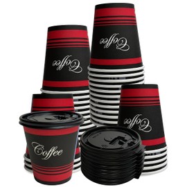 EcoQuality 10 oz Disposable Paper Coffee Cups with Black Flat Lids, Recyclable Hot/Cold Beverage Paper Drinking Cups with Lids for Tea, Water, Coffee, Travel, Picnic, Breakroom, Office (25 PACK)