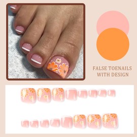 Ceboic 24Pcs French False Toenails Square Short Press on Toenails Glossy Full Cover Artificial Fake Toenails Summer Toe Nail Art for Women and Girls Daily Decorations
