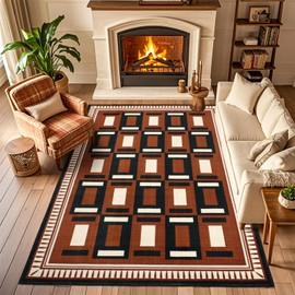 nesrt Washable 5x7 Area Rugs for Living Room Checkered, Modern Geometric Bedroom Rug with Non-Slip Backing, Brown Soft Low Pile Large Floor Carpet for Dining Room Nursery Playroom