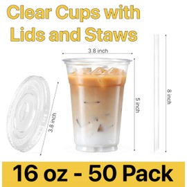Pokanic Plastic Clear Cups 16 oz with Lids and Straws 50 Set Disposable Cold Beverage Drinking Iced Coffee Water Juice Tea Party Travel Cafe Restaurant School Office Home Kitchen (50 Set, 16 oz)