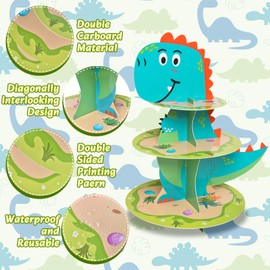 Dinosaur Cupcake Stand,3-Tier Cardboard Cupcake Stand Party Decorations Dinosaur Theme Cupcake Holder Decorations Dinosaur Dessert Tower for Boys Kids Dinosaur Jungle Theme Party Birthday Supplies