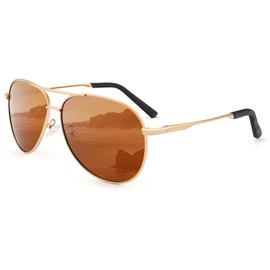 HENGOSEN Aviator Sunglasses Men Women Aviator Polarised Sunglasses Metal Frame Unisex Driving Sunglasses with UV400 Protection, 04 Gold/Brown