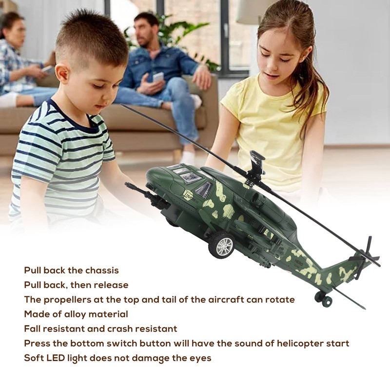 Diecast Metal Helicopter Model Sound Light Pullback Alloy Fighter Aircraft