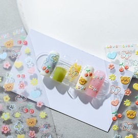 Cute Kids Nail Stickers 5D Embossed Self-Adhesive Nail Stickers Including Cute Bears Flowers Butterflies Hearts Fruits Strawberries and More for Little Girls Women Nail Art Decoration Fun(3 Sheets)