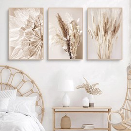 Sarah Duke Beige Wall Pictures, Set of 3, Modern Wall Pictures, Boho Pampas Grass Picture, Living Room Poster, Nature, Vintage Canvas Pictures, Wall Poster Without Frame (Style A, 30 x 40 cm)