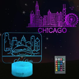 Kenmaca Night Light Chicago City Landmark Cloud Gate 3D Illusion Lamp 2 Patterns 16 Colors Change Dimmable Room Decor, Touch & Remote Control, Christmas Birthday Gift Adult Dad Mom Kid Boy Girl Teen