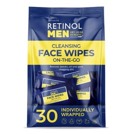 LIVAURA Retinol Men’s Individually Wrapped Wipes, Large Face and Body Wet Wipes with Micellar Water and Vitamins A-C-E, 30 Travel Essentials