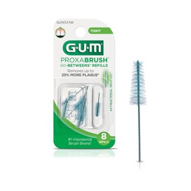 GUM Proxabrush Go-Betweens Recambios – Ajustados – Compatible con mango permanente GUM – Cepillos interdentales reutilizables para dientes apretados – Púas dentales de cerdas suaves, 8 unidades