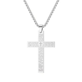 ONLYJUMP Stainless Steel Lord's Prayer Cross Pendant Necklaces for Men Women Cross Necklace With 24 Inches Stainless Steel Link Chain Bible Verse Jewelry Gift (Silver)