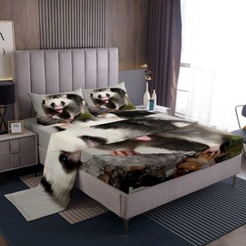 Opossum Bed Sheets Queen Size Possum Fitted Sheet for Kids Boys Girls Teens Adults Opossum Lovers Gift Bed Sheet Set Funny Animal Botanical Leaves Bedding Sheets Bedroom Decor Flat Sheets 4Pcs