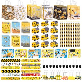 Halema 96pcs Construction Birthday Party Supplies, Construction Party Favors For Kids Mini Excavator Truck Keychain Slap Bracelet Sticker Construction Themed Party Favors Bags Available For 12 People