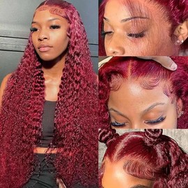 13x4 Deep Wave Lace Front Wigs Human Hair 99j Burgundy Curly Lace Frontal Glueless Wigs Pre Plucked 180% Density Color Wigs for Women (20inch)