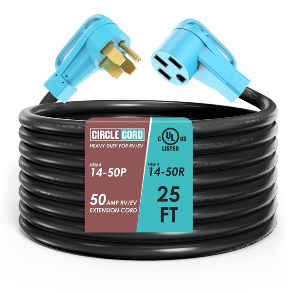 CircleCord UL Listed 50 Amp 25 Feet RV/EV Extension Cord, Heavy Duty 6/3+8/1 Gauge STW Wire, NEMA 14-50P/R Suit for Tesla Model 3/S/X/Y EV Charging and RV Trailer Campers