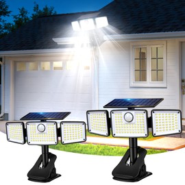 1500LM Clip On Solar Lights Outdoor, Motion Sensor Outdoor Lights with 270° Wide Angle & Remote Contral, 3 Heads IP65 Waterproof Solar Powered Flood Light for Fence, Patio, Backyard, Garden 2 Pack