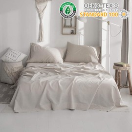 Simple&Opulence Belgian Linen Sheet Set Solid Color - 4 Pieces (1 Flat Sheet & 1 Fitted Sheet & 2 Pillowcases) Natural Flax Cotton Blend Soft Bedding Breathable Farmhouse - Linen, King Size