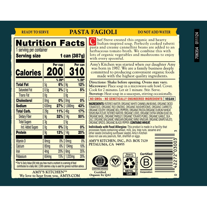 Amy's Soup, Organic Pasta Fagioli Soup, 13.65 Oz, Pack of