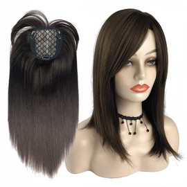 LesafeV Side Part 35cm Straight Topper Clip in Free Part Synthetic Head Top Hairpiece with Side Bangs Large Full Head Wear Base Wiglet (4# Black Brown)