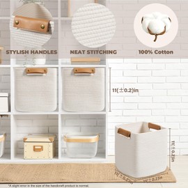 danpinera Set of 3 11 Inch Storage Baskets, Cube Storage Bins, White Woven Baskets with Stable Leather Handles, Square Cotton Rope Bins for any Room, Easy to Recover