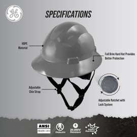 GE Hard Hat, Full Brim, Class C, Padded Sweatband, 4-Point Ratchet Suspension, ANSI Z89.1-2014, Safety Hard Hats for Men, Impact Resistant, Durable, Lightweight, Adjustable - Non-Vented, Gray