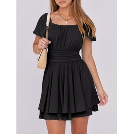 Caracilia Women Cute Summer Romper Dress Flowy Short Sleeve Square Neck Elastic Waist 2025 Casual Fashion Outfits Black Medium