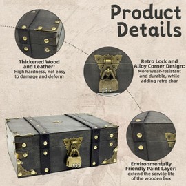 Orizizhic Vintage Treasure Chest Box, Wooden Treasure Chest with Lock Storage Small Pirate Treasure Chest for Children's Birthday Treasure Hunt Storage and Decoration 24 x 17 x 9.5 cm