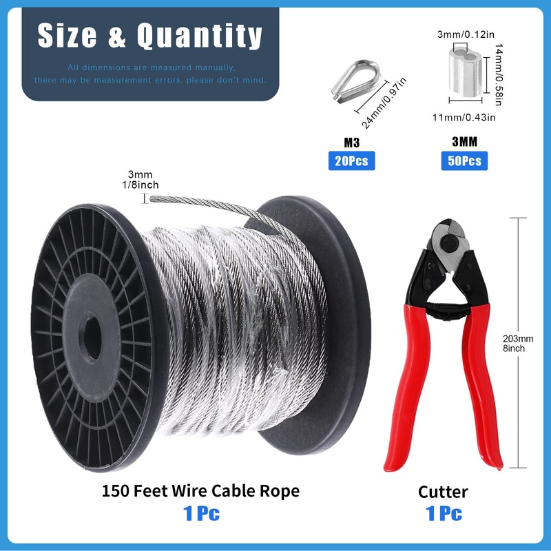 Glarks 72Pcs 1/8" 150ft Stainless Steel Wire Rope Cable Set