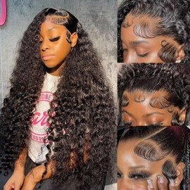 Lemoda 13x4 Full Lace Frontal Wigs Human Hair Transparent Lace Wig Deep Wave Wig Human Hair for Black Women Deep Wave Frontal Wig Human Hair 180% Density 22Inch